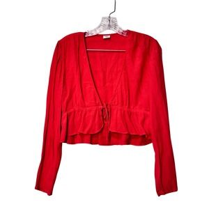 SUNDAY BEST‎ Red Cropped Peplum Tie Front Long Sleeve Blouse Women's Size M